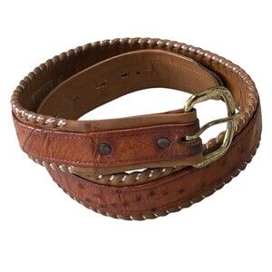VTG Dundee Western Brown Leather Whipstitch Belt Metal Lace Sz 32 USA